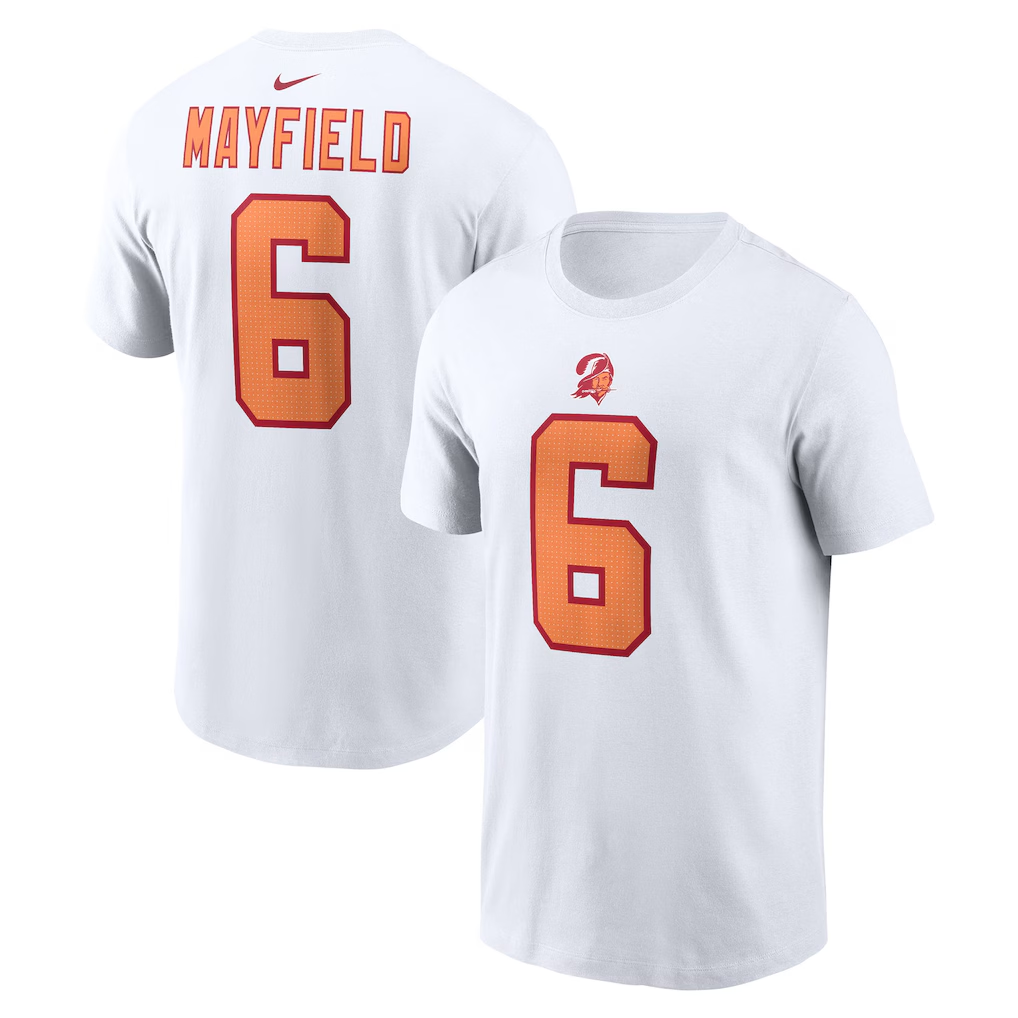 Men's '76 Tampa Bay Buccaneers Baker Mayfield  White 50th Season Name & Number T-Shirt