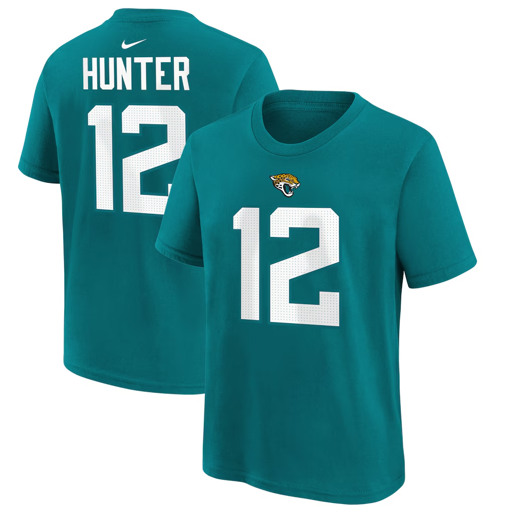 Jacksonville Jaguars Travis Hunter  Teal 2025 NFL Draft First Round Pick Name & Number T-Shirt