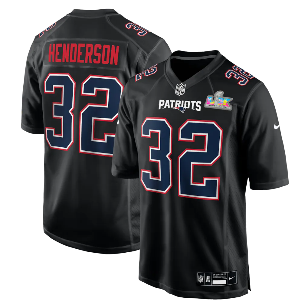 Men's New England Patriots TreVeyon Henderson  Black Super Bowl LX Patch Carbon Fashion Game Jersey