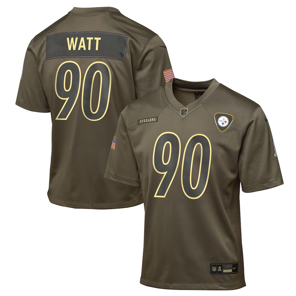 Youth Pittsburgh Steelers T.J. Watt  Olive 2025 Salute to Service Game Jersey