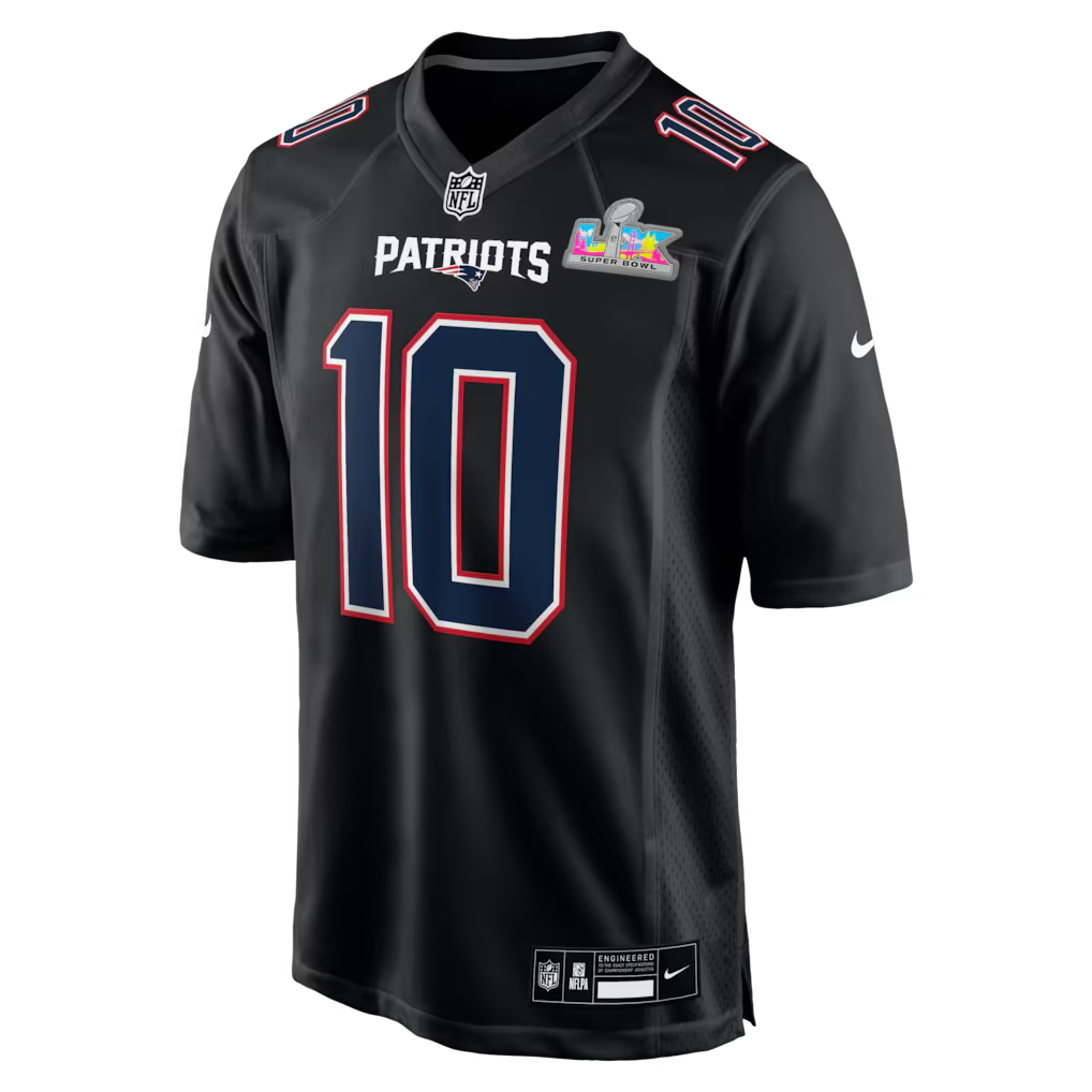 Men's New England Patriots Drake Maye  Black Super Bowl LX Patch Carbon Fashion Game Jersey