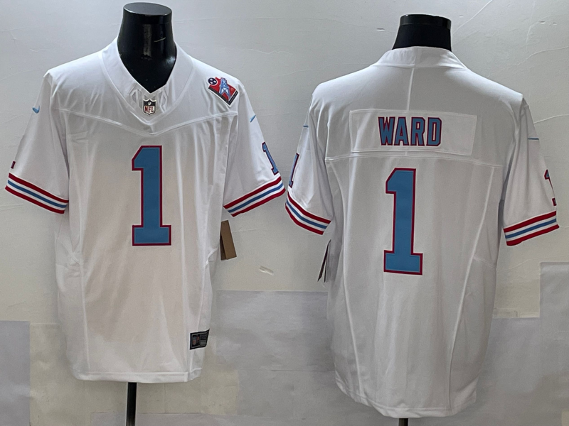 Men's Tennessee Titans Cameron Ward #1 White 2025 NFL active First Round Pick Game Jersey