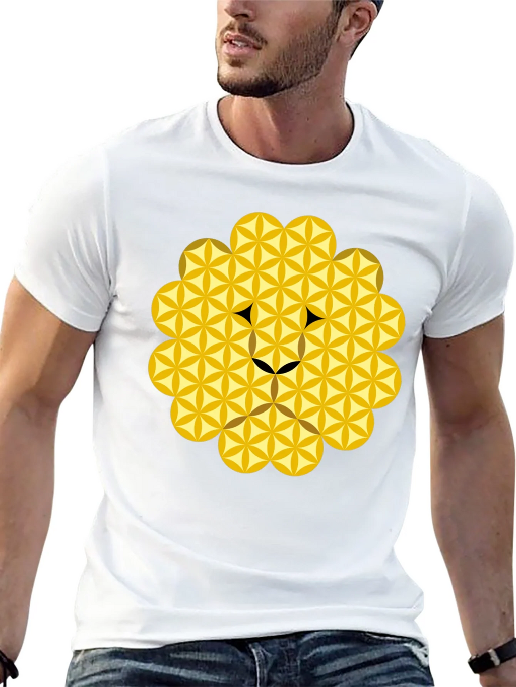 Geometric Flower of Life Lion Head Black T-Shirt