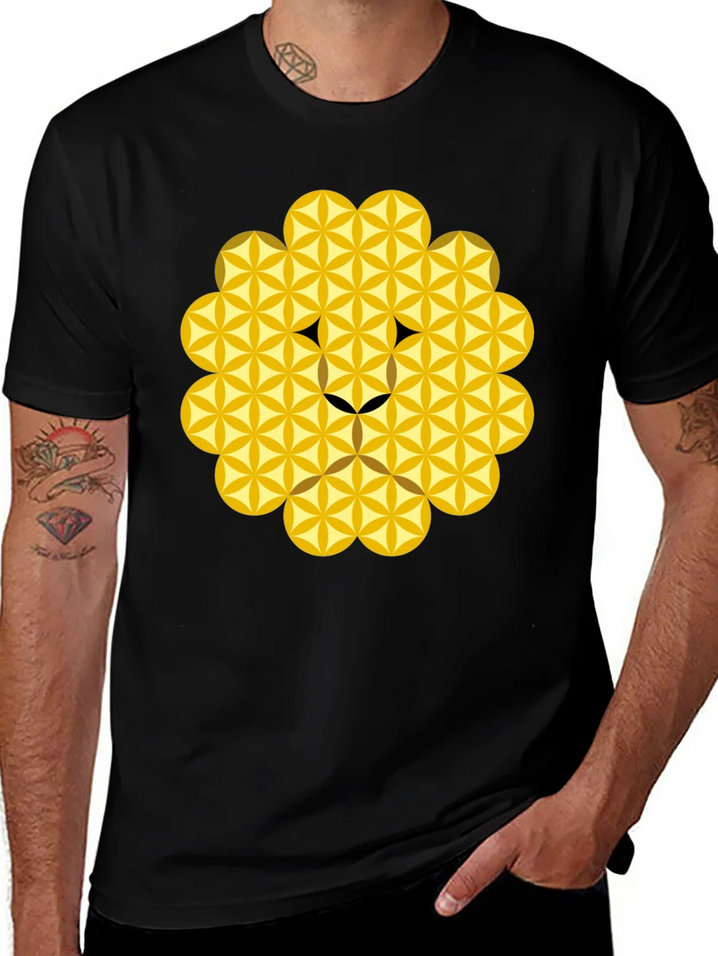 Geometric Flower of Life Lion Head Black T-Shirt