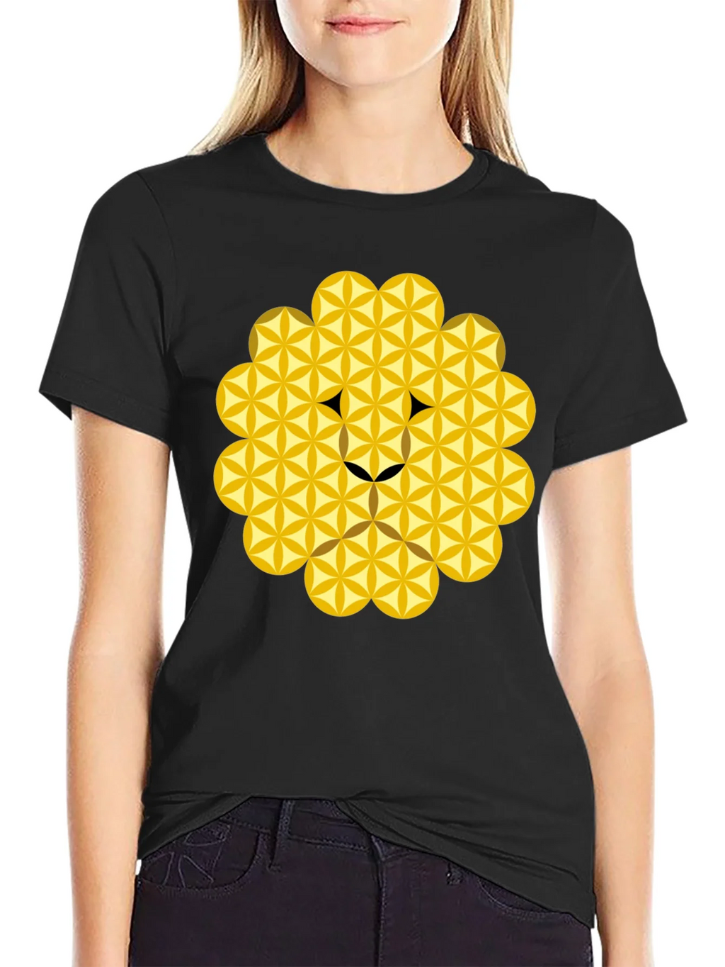 Geometric Flower of Life Lion Head Black T-Shirt