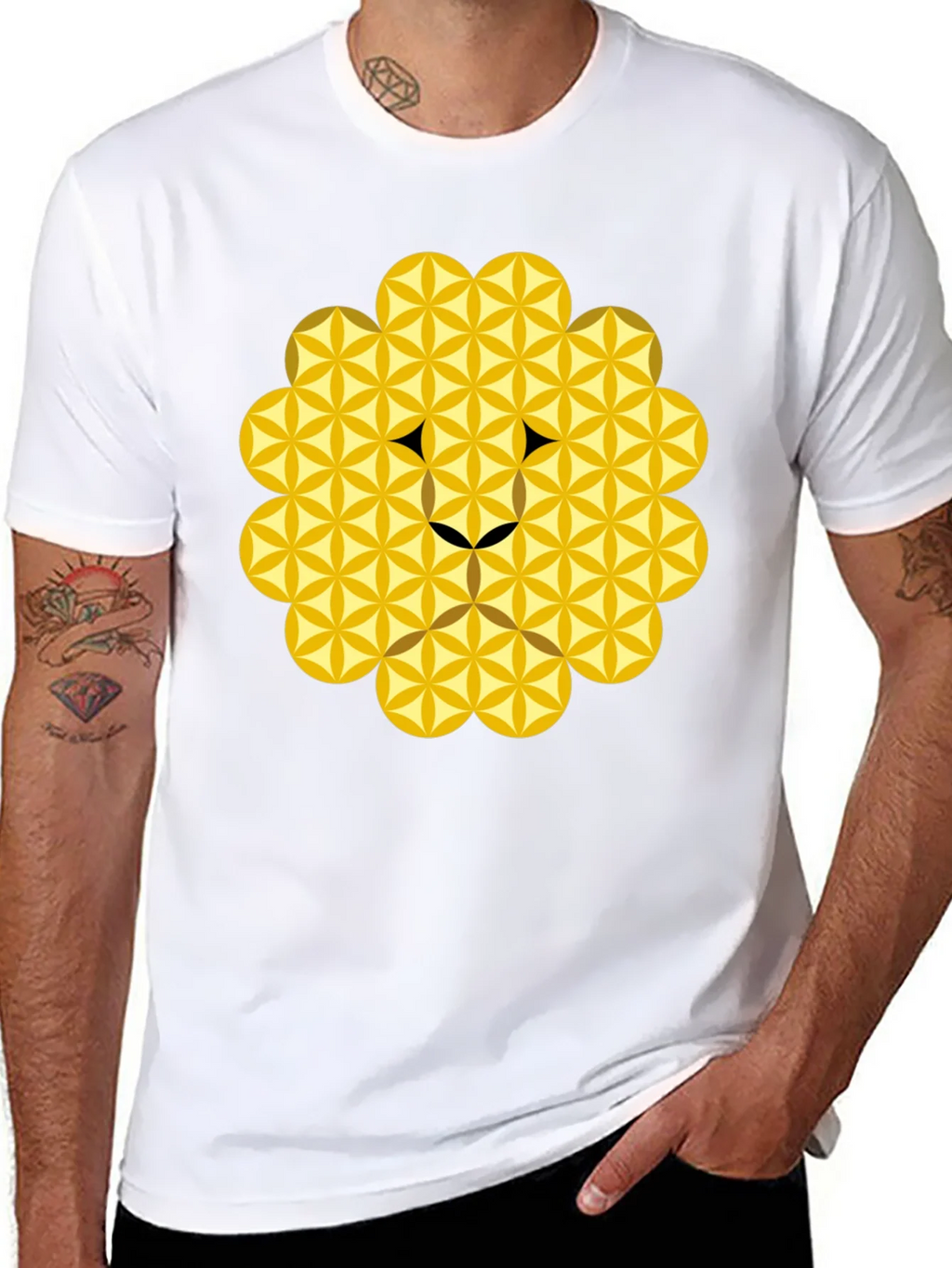 Geometric Flower of Life Lion Head Black T-Shirt