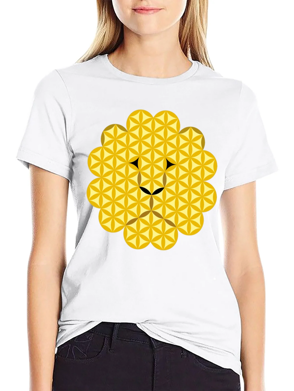 Geometric Flower of Life Lion Head Black T-Shirt