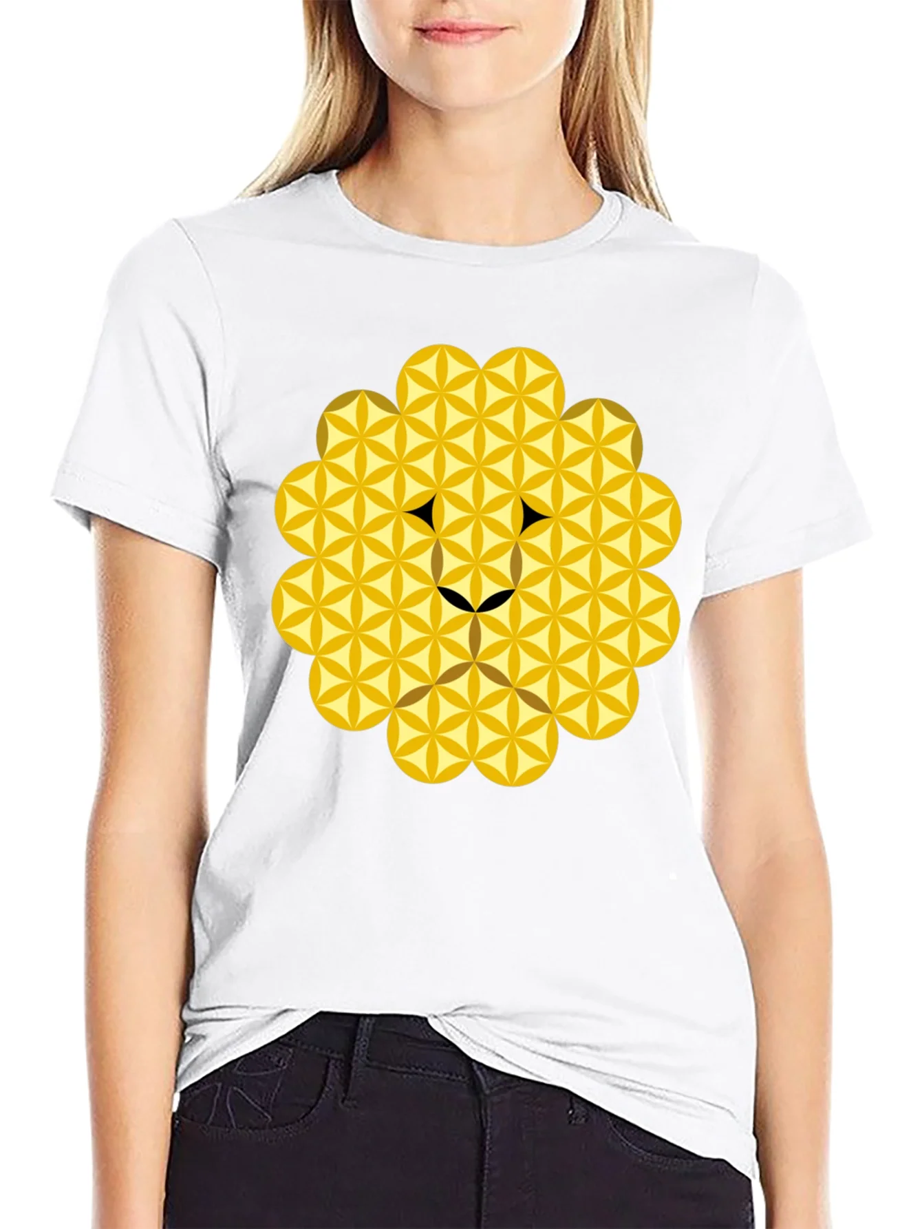 Geometric Flower of Life Lion Head Black T-Shirt