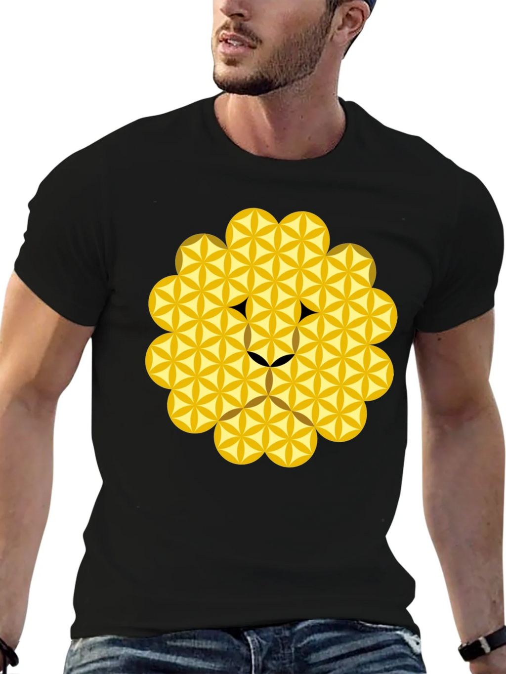 Geometric Flower of Life Lion Head Black T-Shirt