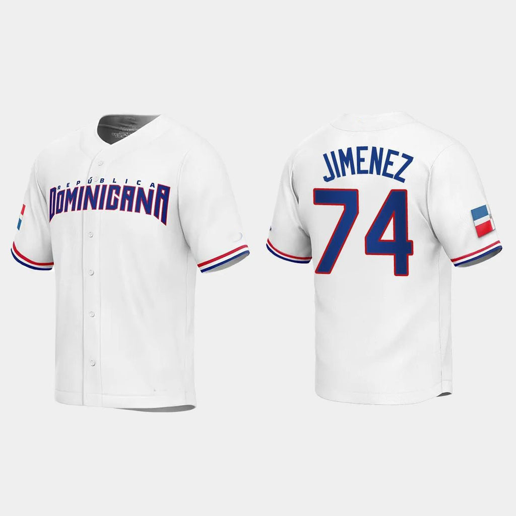 #74 ELOY JIMENEZ DOMINICAN REPUBLIC BASEBALL 2023 WORLD BASEBALL CLASSIC REPLICA JERSEY C WHITE Stitches Baseball Jerseys