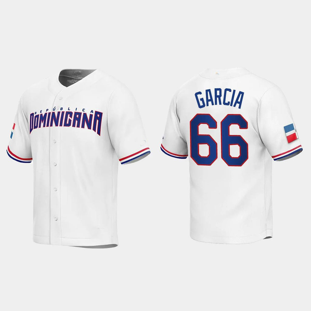 #66 JARLIN GARCIA DOMINICAN REPUBLIC BASEBALL 2023 WORLD BASEBALL CLASSIC REPLICA JERSEY C WHITE Stitches Baseball Jerseys