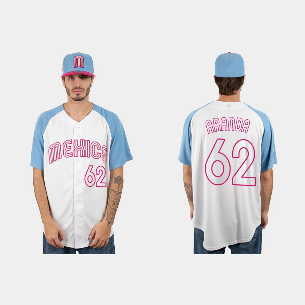 #62 JONATHAN ARANDA MEXICO BASEBALL 2023 WORLD BASEBALL CLASSIC JERSEY C WHITE BLUE Stitches Baseball Jerseys