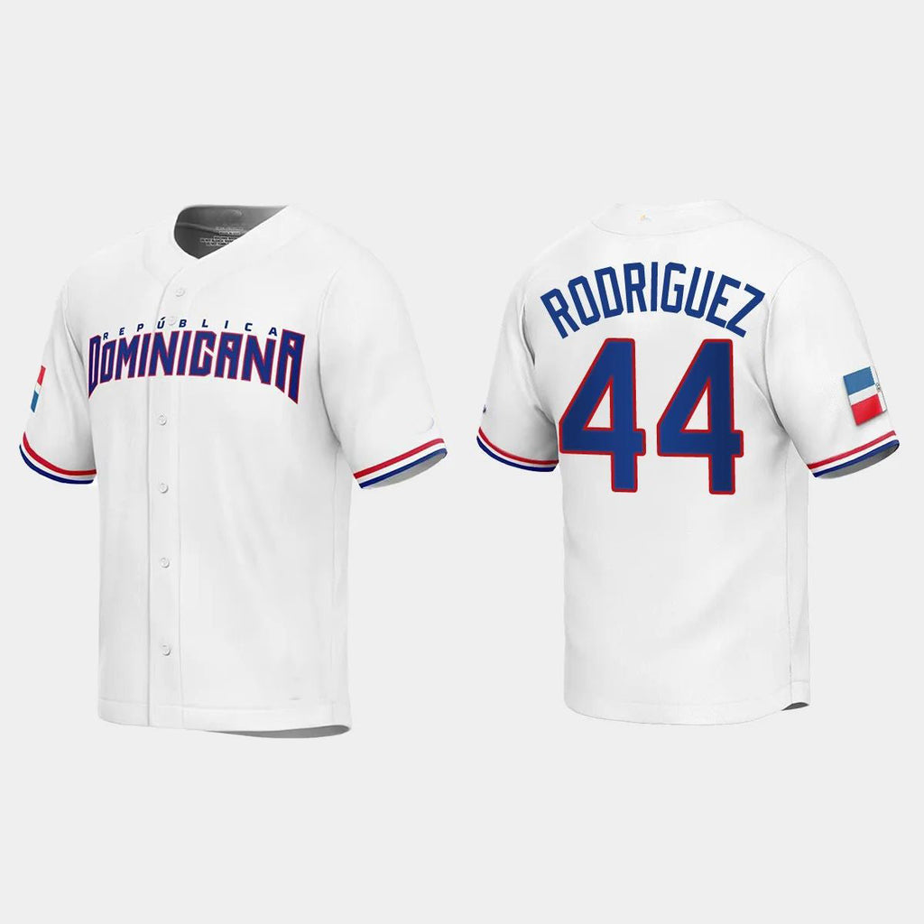 #44 JULIO RODRIGUEZ DOMINICAN REPUBLIC BASEBALL 2023 WORLD BASEBALL CLASSIC REPLICA JERSEY C WHITE Stitches Baseball Jerseys