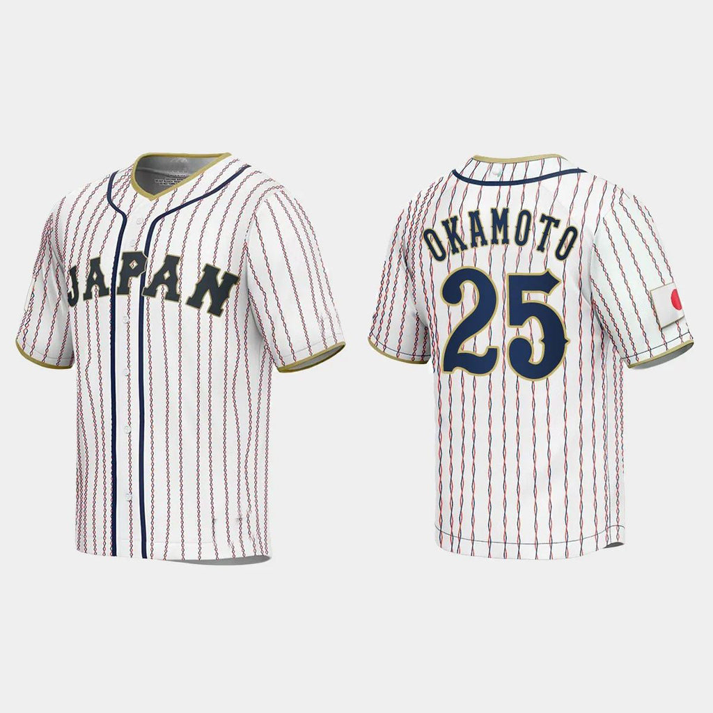 #25 KAZUMA OKAMOTO JAPAN BASEBALL 2023 WORLD BASEBALL CLASSIC JERSEY C WHITE Stitches Baseball Jerseys