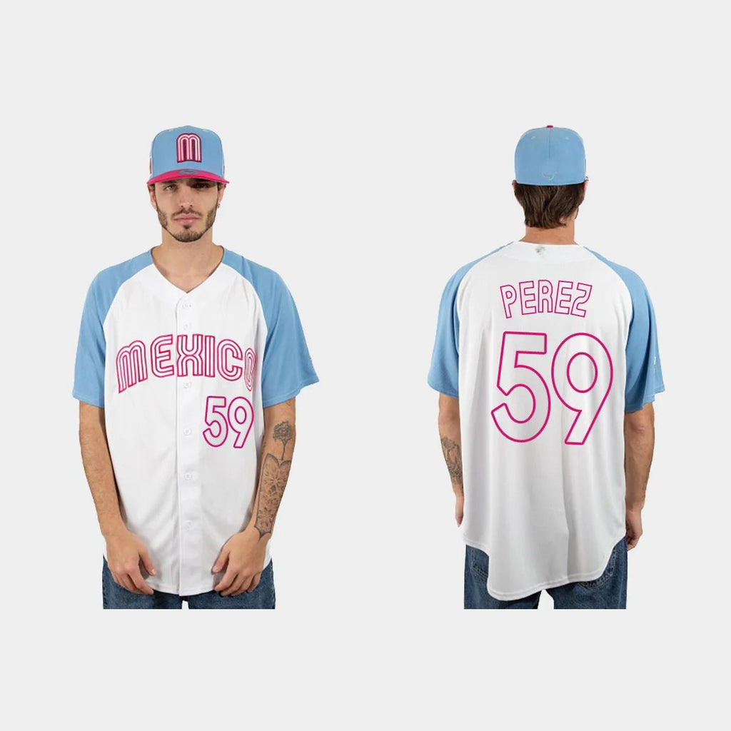 #59 OLIVER PEREZ MEXICO BASEBALL 2023 WORLD BASEBALL CLASSIC JERSEY C WHITE BLUE Stitches Baseball Jerseys