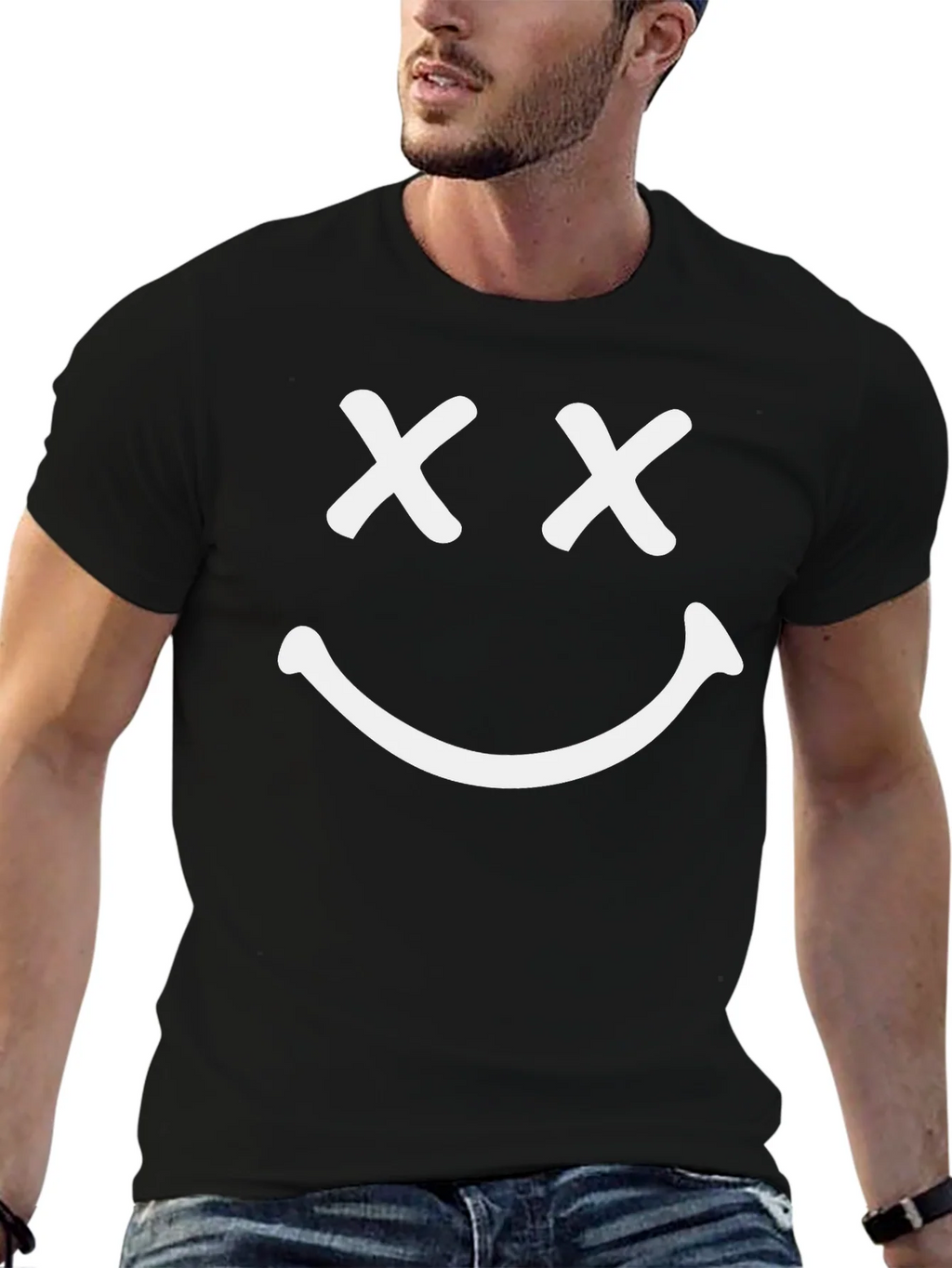 Smiley Face Graphic T-Shirt - Casual Black Tee
