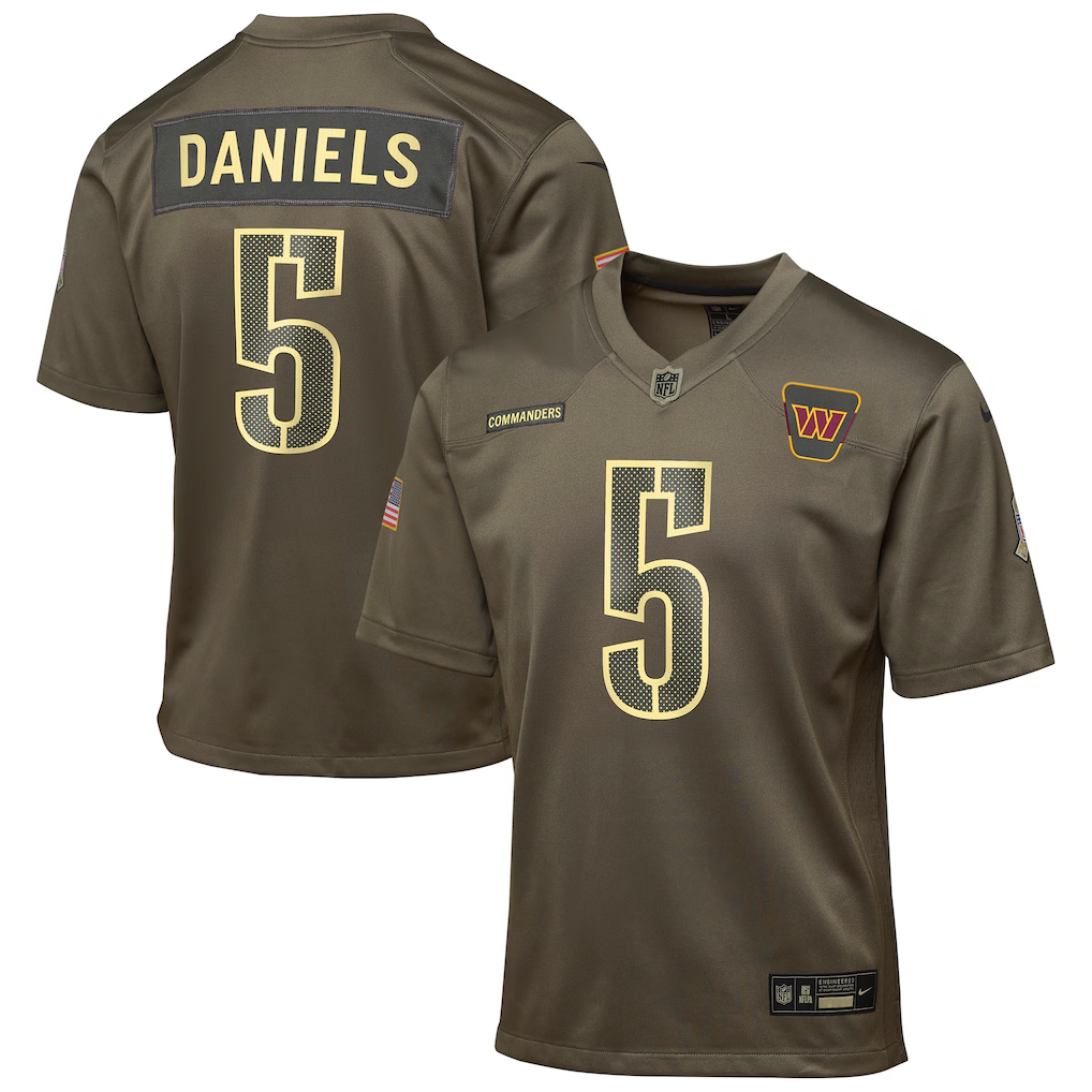 Youth Washington Commanders Jayden Daniels  Olive 2025 Salute to Service Game Jersey