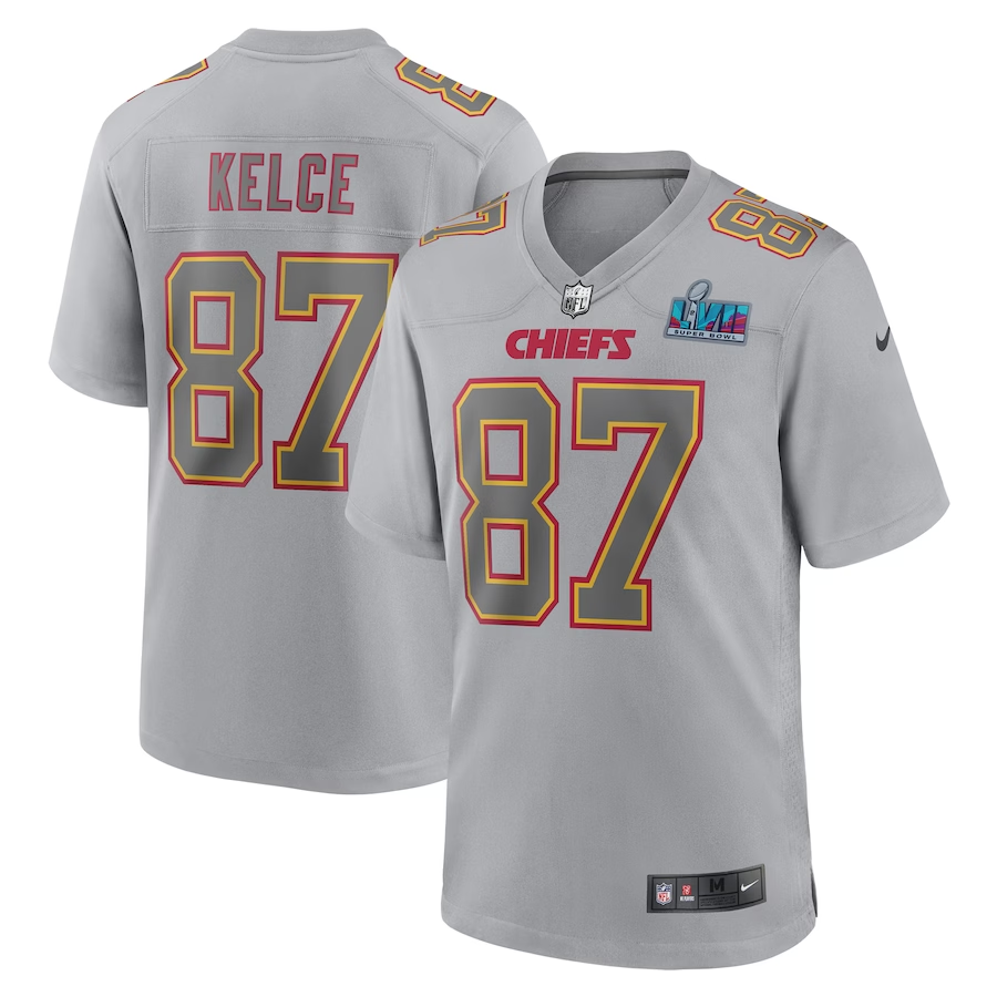 Men's Kansas City Chiefs Travis Kelce Gray Super Bowl LVII Patch Atmosphere Fashion Game Jersey