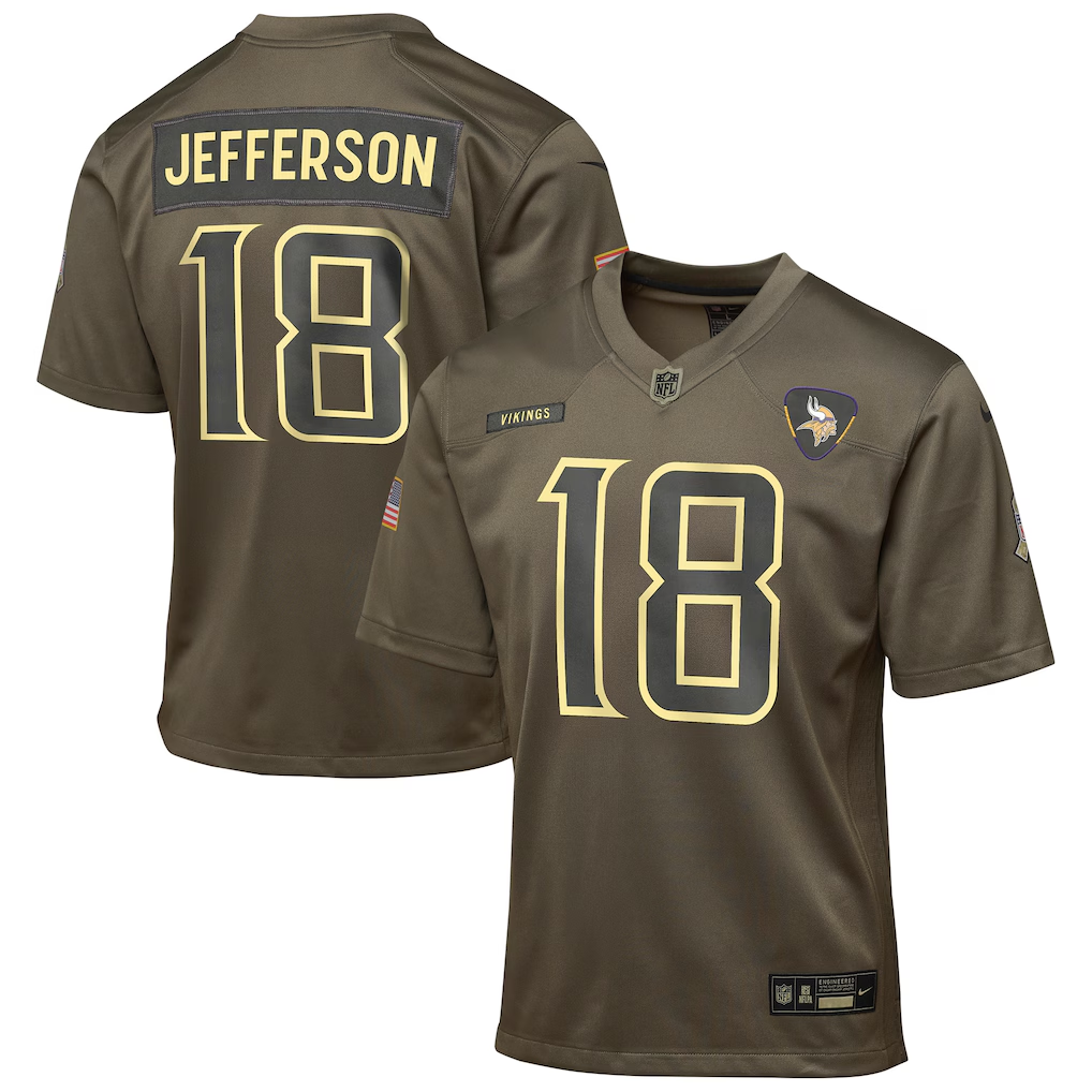 Youth Minnesota Vikings Justin Jefferson  Olive 2025 Salute to Service Game Jersey