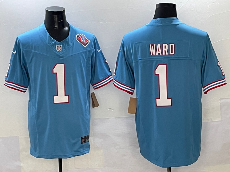Men's Tennessee Titans Cameron Ward #1 Light Blue 2025 NFL active First Round Pick Game Jersey