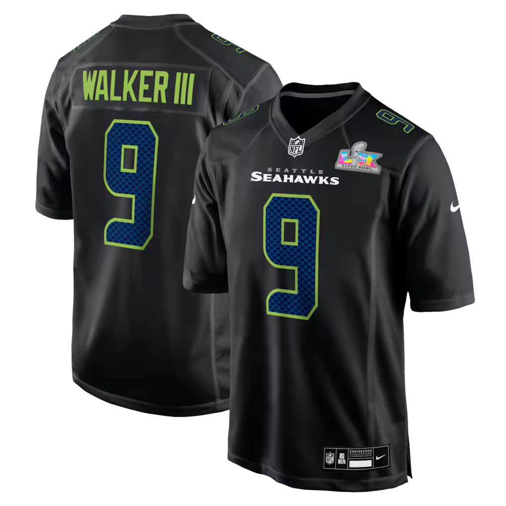 Men's Seattle Seahawks Kenneth Walker III #9 Black Super Bowl LX Patch Carbon Fashion Game Jersey