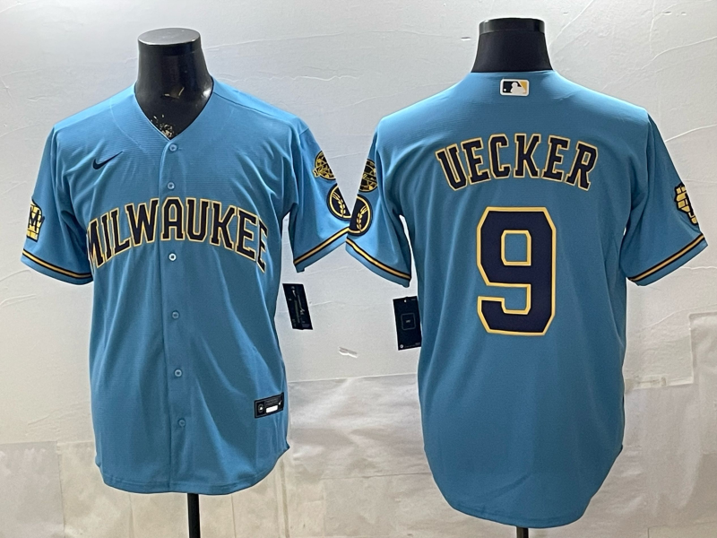 Men's Milwaukee Brewers Bob Uecker #9 Light Blue Road Replica Jersey