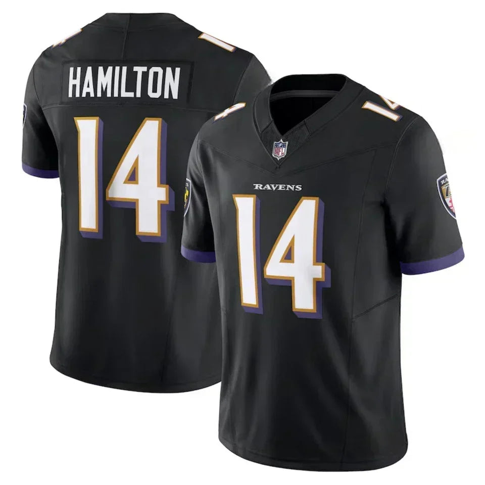 Men's Ravens #14 Kyle Hamilton Purple/Black/White Game Limited Stitched Jersey